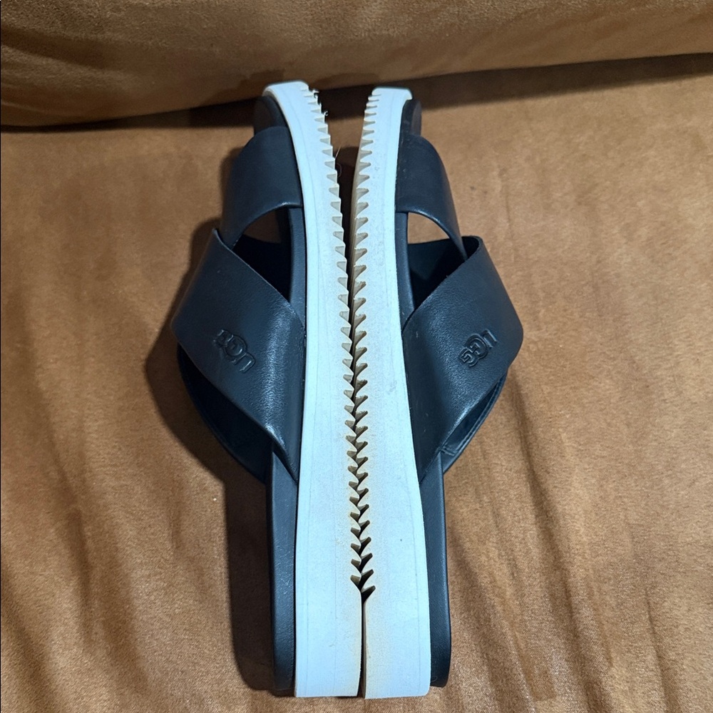 {preloved} Women’s UGG Black Leather Cross-Strap Slide Sandals - Picture 9 of 13